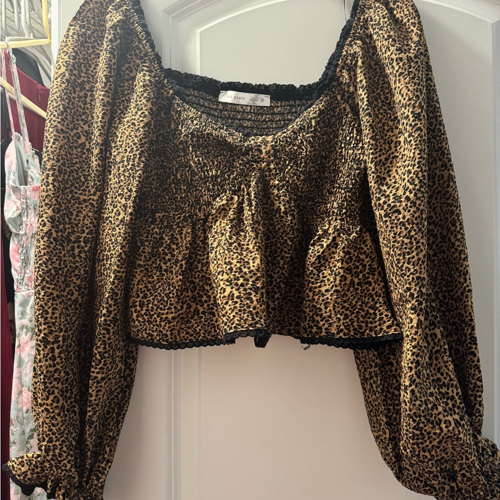 Altar'd State Leopard Print Blouse with Black Trim